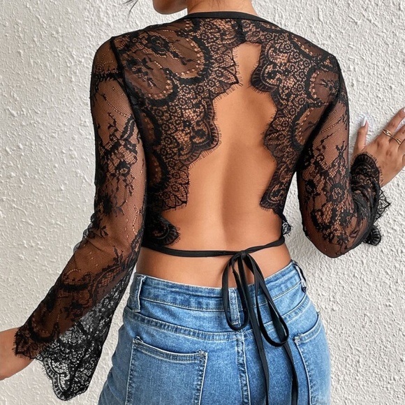 BellanBlue Tops - Black Open Back Eyelash Lace Crop Top